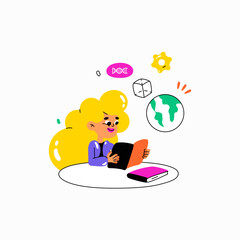 Girl studying with a book and globe in flat vector illustration symbolizing education, knowledge, and academic exploration, isolated on white background.