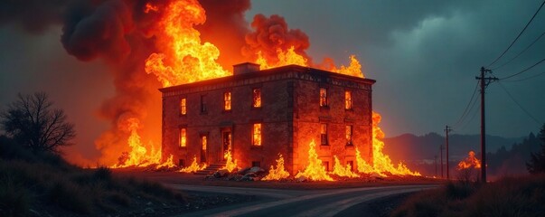 Fototapeta premium Flames spread rapidly through a burning building, chaos, smoke, blaze