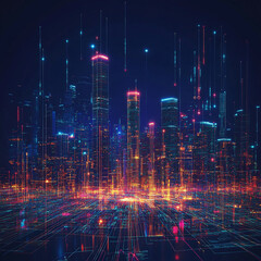 Fototapeta premium Cityscape illuminated by neon lights and digital data streams at night