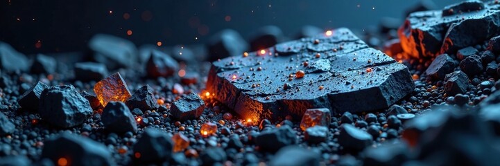 Dark basalt rock with scattered shards of glass-like minerals, rocky, textured surfaces