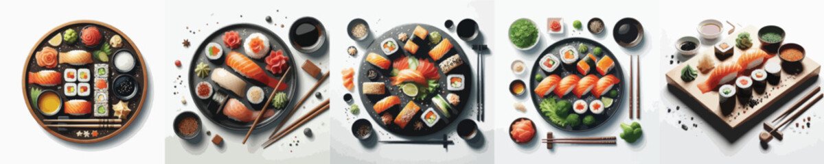 vector set of very delicious sushi dishes