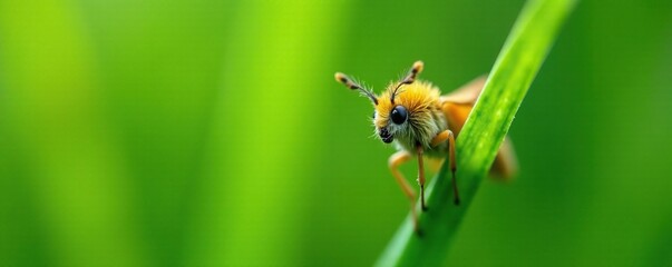 A tiny moth with feathery antennae rests on a blade of grass, blades, macro, nature