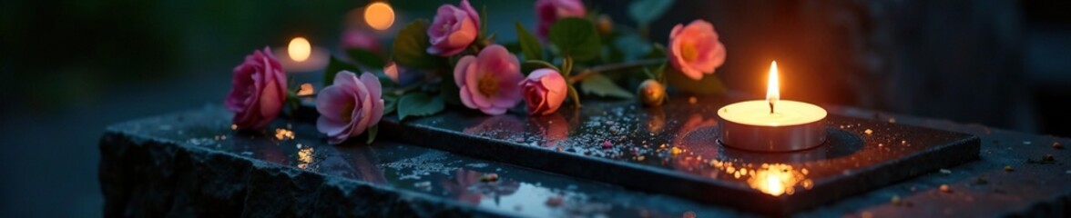 In the quiet of the evening, a candle's gentle flame illuminates a wet memorial plaque with delicate flowers, reflection, night, darkness