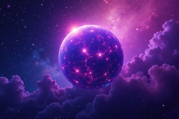 Fototapeta premium Glowing sphere suspended in nebula amidst purple and blue gas, , violet