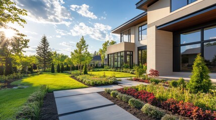 Fototapeta premium A beautifully landscaped front yard with a modern home featuring large windows and a sleek design