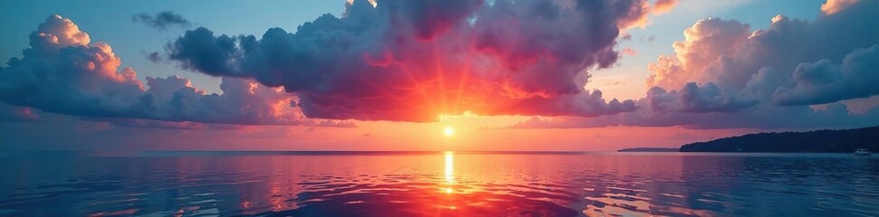 Obraz premium Red clouds dominate the bright blue sky as a stunning sunset glows on the surface of the bay's calm waters, water, clouds