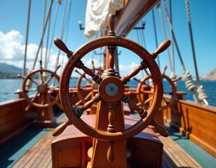 Wooden ship steering wheel on sailing vessel. Navigator controls ship on open sea. Seafaring life, marine transportation. Old style boat. Calm sea day. Historic maritime vessel. Vintage sailing ship.