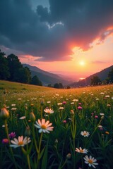 Fototapeta premium A meadow bathed in the soft light of a moonrise, meadow, serene