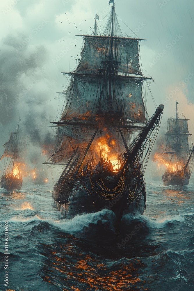 Canvas Prints Burning ships battle stormy sea.