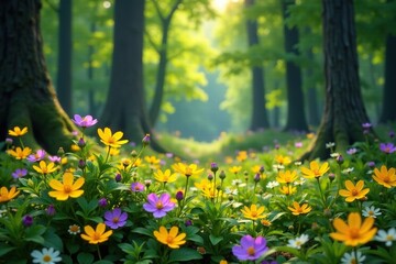 Fototapeta premium Yellow and purple flowers scattered throughout a forest glade, flowers, landscape