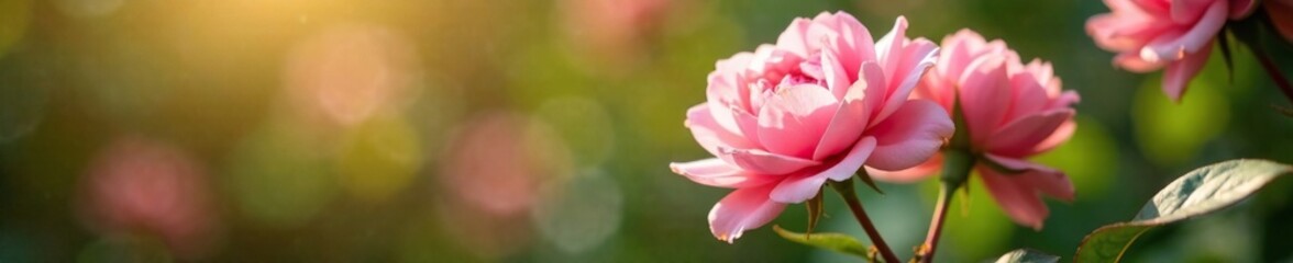 Obraz premium A delicate pink rose bush blooms in a sunny spot, pink roses, blooms, gardenia