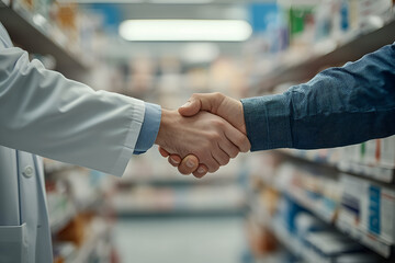 handshake between a pharmacist and a customer, pharmacy shelves, healthcare service