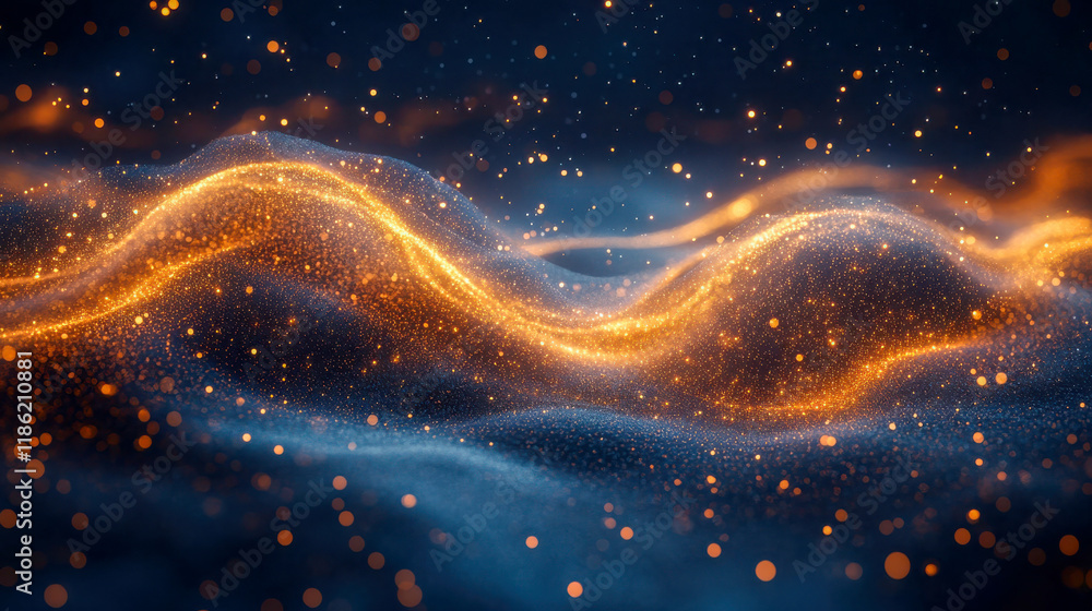Poster a glowing wave of golden and blue particles forming a fluid dynamic pattern, representing futuristic