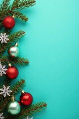 Decorated Christmas tree branches with ornaments and snowflakes on turquoise background, festive, decorations