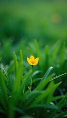 Tiny yellow bloom nestled among emerald blades of grass, colorful, delicate, tiny flowers