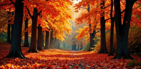 Fototapeta premium Dense foliage of deciduous trees in autumnal hues, earthy, nature, leaf drop