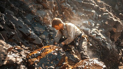 A miner extracting minerals from rocky terrain, surrounded by dust and sparkling particles.