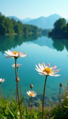 a few wilted flowers in front of a serene blue lake, reflection, , gentle breeze