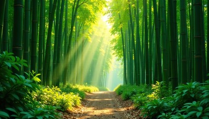 Obraz premium Bamboo grove at midday with dappled shade and sunlight, bamboo, grove, sun