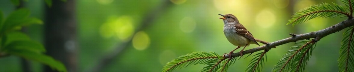 A song sparrow sings from the twig of a coastal evergreen, its voice echoing through the air, forest, treebranch