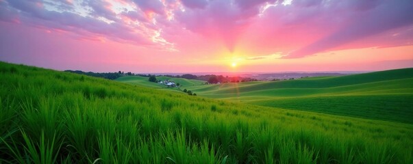 Obraz premium Green pastures stretch far in distance at dusk, greenery, grass, pink