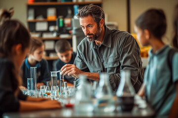 A science teacher demonstrates an experiment with beakers and test tubes, engaging students in a hands-on learning activity in a laboratory setting.