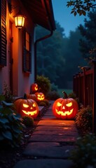 Obraz premium Glowing Jack o Lantern on the porch with a pathway, pathway, glow, decoration