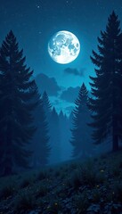 Bright moon illuminating a dark forest landscape under starry night sky, atmospheric, eerie, night
