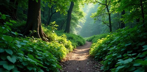 Obraz premium Dense undergrowth surrounds a narrow mountain trail, dense, natural