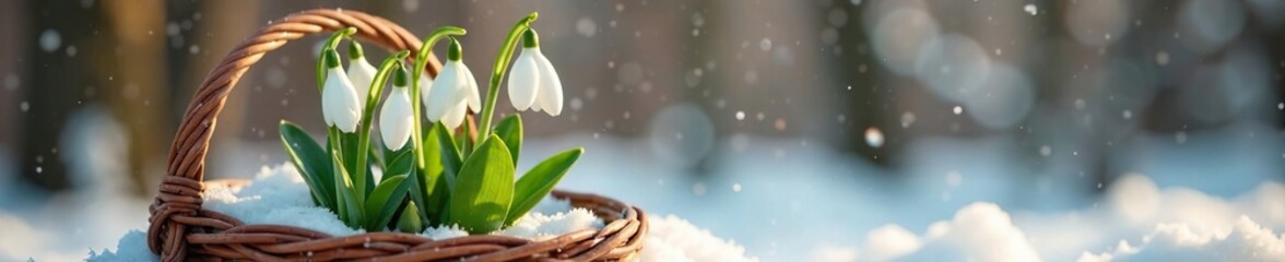 Fototapeta premium White snowdrops rising from the earthy brown basket, basket, winter