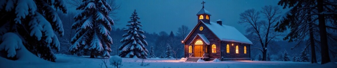 Snowy winter church at night with stained glass windows lit up, snowy woods, stained glass