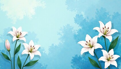 Fototapeta premium Soft pastel blue background with white lily flowers and leaves, garden, watercolor