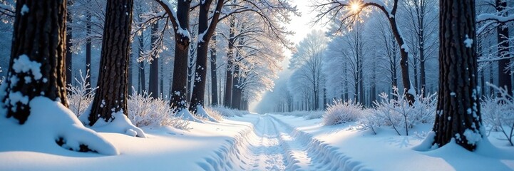 Snowy forest floor with radlader in isolation, radlader, tree branches, snowflakes