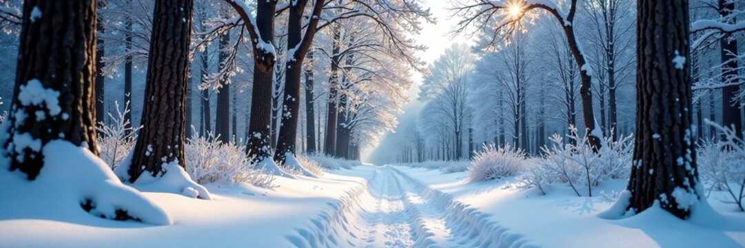 Snowy forest floor with radlader in isolation, radlader, tree branches, snowflakes