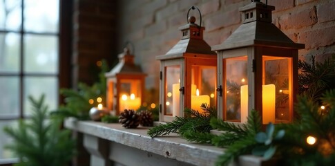 Obraz premium Wooden lanterns with candles and evergreen branches on a rustic mantel, branches, festive