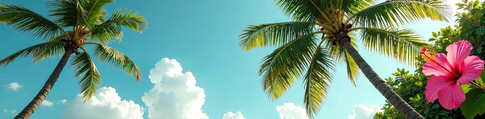 Obraz premium Palm trees swaying gently in the breeze with pink hibiscus flowers, nature, breeze