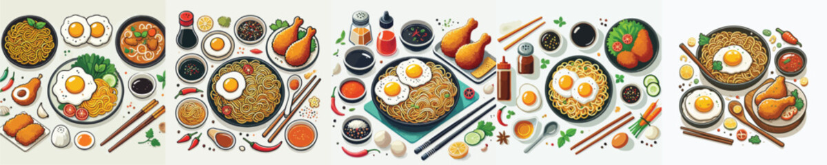 vector set of egg noodle and fried chicken dishes