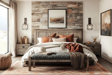 A bedroom with weathered wood furniture, layered earthy textiles, and a stone accent wall