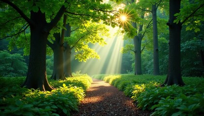 Obraz premium A quiet forest glade illuminated by soft sunlight filtering through leaves, stillness, serene moment, peaceful haven