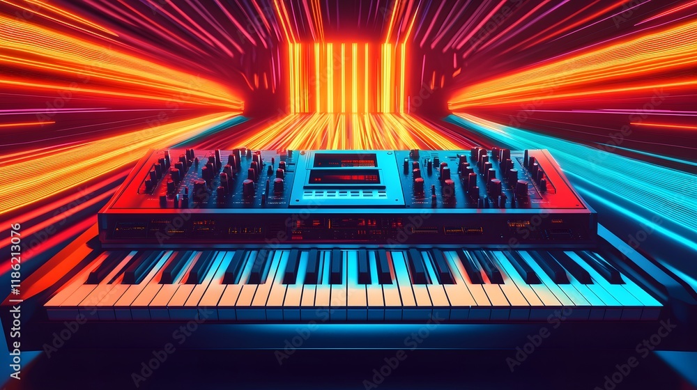 Poster synth keyboard in neon light speed tunnel