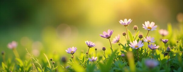 Softly lit wildflowers in a meadow with gentle grasses, foliage, soft focus, peaceful