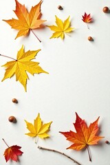 White surface with scattered fallen golden leaves and twigs, autumn, twig
