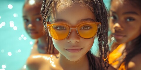 A group of children in colorful sunglasses enjoying a day at the pool, with a focus on a young girl smiling.