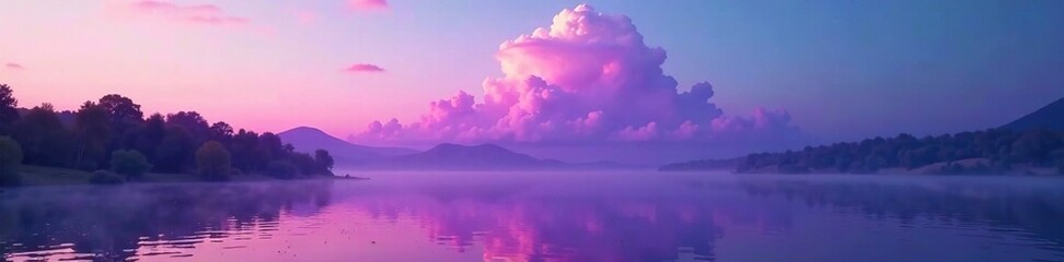 Fototapeta premium A majestic purple cloud floats above a tranquil lake at dawn, serene, landscape