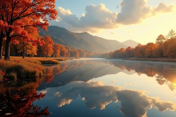 Golden hues of autumn reflected in a serene wetland lake, scenery, lake