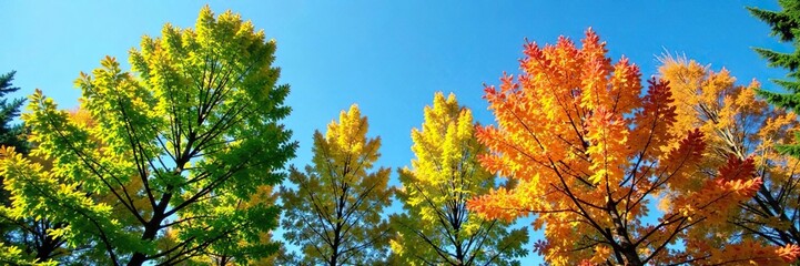 Tall deciduous trees against a clear blue sky, leafy, nature