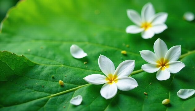 Delicate white flower petals scattered on a green leaf, organic, flowers