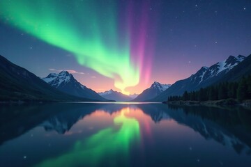 Aurora borealis above a calm and serene lake at dawn, peaceful, serene