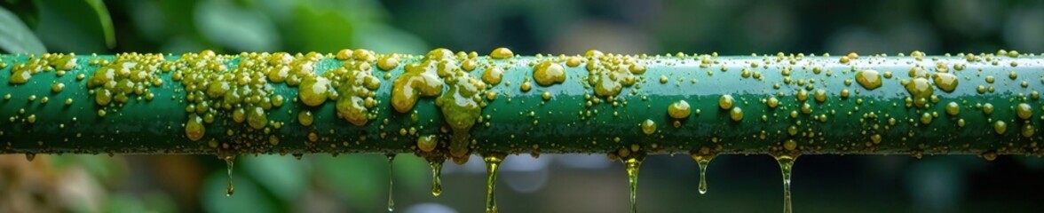 Closeup of dirty PVC rain pipe with algae growth, clogged, water, dirty