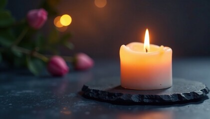 Soft candle glow on slate creates tranquil atmosphere, tranquility, calmness